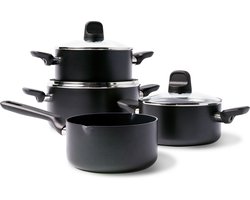 GreenPan Memphis Kookpannenset 7-delig - 16/18/20/24cm - 1.6/2.1/3.1/4.9L - PFAS-vrije antikleeflaag - Inductie kookpan - Keramische pan - Ovenbestendig tot 160°C - Koudgrepen - Met glazen deksel - Zwart