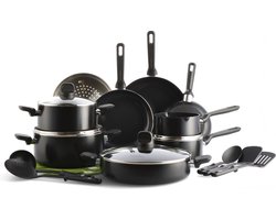 GreenPan Memphis Pannenset 20-delig - PFAS-vrije antikleeflaag - Pannenset inductie - Keramische pan - Ovenbestendig tot 160°C - Vaatwasserbestendig - Koelgrepen - Zwart