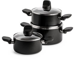 GreenPan Memphis Pannenset 6-delig - 16/18/20cm - 1.6/2.1/3.1L - PFAS-vrije antikleeflaag - Pannenset inductie - Keramische pan - Ovenbestendig tot 160°C - Koudgrepen - Met glazen deksel - Zwart