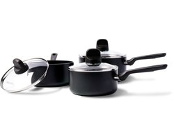 GreenPan Memphis Pannenset 6-delig - 16/18/20cm - 1.6/2.1/3.1L - PFAS-vrije antikleeflaag - Steelpan inductie - Keramische pan - Ovenbestendig tot 160°C - Koudgrepen - Met glazen deksel - Zwart