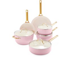 GreenPan Padova Aluminium Pannenset 10-Delig - Ø18cm-28cm - PFAS-vrij - Inductie - Ovenbestendig tot 200 graden - Gouden RVS handgrepen - Roze - Incl deksels