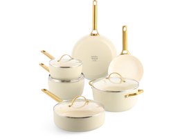 GreenPan Padova Cream Keramische Inductie Pannenset 10-delig - PFAS-vrij - Inductie pannenset - Inductie hapjespan - Inductie koekenpan - Ovenbestendig tot 200°C - Vaatwasserbestendig - RVS handgrepen - Met deksels - Crème