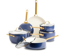GreenPan Padova Oxford Blue Keramische Inductie Pannenset 10-delig - PFAS-vrij - Inductie pannenset - Inductie hapjespan - Inductie koekenpan - Ovenbestendig tot 200°C - Vaatwasserbestendig - RVS handgrepen - Met deksels - Blauw