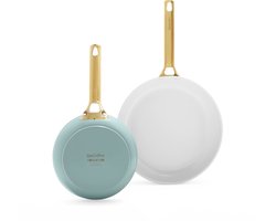 Greenpan Padova Smokey Blue koekenpannenset 2-delig - 20/26cm - PFAS-vrije antikleeflaag - Koekenpan inductie - keramische pannenset - gouden handgreep - ovenbestendig tot 200°C - Blauw