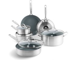 GreenPan Treviso Pannenset 10-delig - PFAS-vrije antikleeflaag - Pannenset inductie - Keramische pan - Ovenbestendig tot 220°C - RVS - Met deksel - Zilver