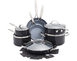 GreenPan Valencia Pro Hard geëloxeerde, gezonde, keramische antiaanbaklaag 16-delige pan- en steelpannenset, kookgerei, PFAS-vrij, geschikt voor inductie, vaatwasmachinebestendig, ovenbestendig, grijs