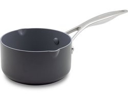 Greenpan Venice Pro Aluminium Steelpan met 2 schenktuiten Ø 16cm - 1.6L – PFAS-vrij - Inductie – Ovenbestendig tot 220°C – Vaatwasserbestendig – Snelle opwarming – RVS handgrepen - Zwart