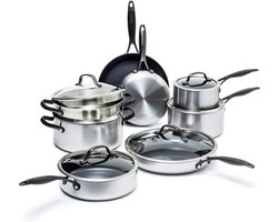GreenPan Venice Pro Noir Pannenset 14-delig - PFAS-vrije antikleeflaag - Pannenset inductie - Keramische pan - Ovenbestendig tot 220°C - Met glazen deksel - Zilver
