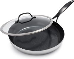 GreenPan Venice Pro Noir RVS Hapjespan met deksel Ø30cm - 4.7L - PFAS-vrij – Inductie – Ovenbestendig tot 200°C – Vaatwasserbestendig – Tri-ply – RVS grepen - Zilver/Zwart