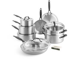 GreenPan Venice Pro Noir RVS Pannenset 14-delig - Zonder PFAS-antikleeflaag - RVS Pannenset- Pannenset inductie - Ovenbestendig tot 220°C - Met glazen deksel - Zilver