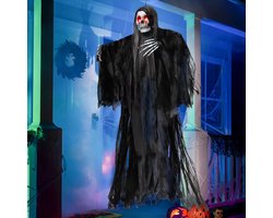 Griezelige Geanimeerde Hangende Magere Hein met Geluid en Gloeiende Ogen voor Halloween Decoratie