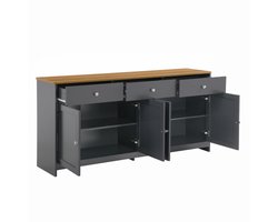 Grijs en zwart dressoir met houtnerf, vier deuren, drie lades, woonkamer, eetkamer. houtkleur en grijszwart