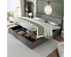 Grijs Gestoffeerd Bed 180 x 200 cm - Opbergbed met Opbergruimte - Tweepersoonsbed - Zonder matras