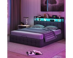 Grijs Linnen Tweepersoonsbed 140x190 cm – Hydraulisch Opbergbed met LED, USB & Type-C, Hoofdbord met Verlichting