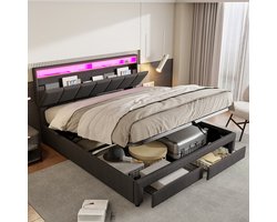 Grijs linnen tweepersoonsbed 180x200cm met led-hoofdbord en 2 metalen onderopbergladen