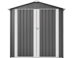 Grijs metalen tuinhuisje 142×185 cm – met ventilatiegaten, metalen fundering & afsluitbare deur