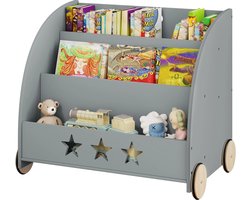 Grijs Multifunctionele Kinderboekenkast 4 Geruisloze Rubberen Wielen- Opslag- en Boekenplank- Praktische Boekenkast - Boekenrek - Speelgoedplank - 3 Planken - 62 x 42 x 57 Gezellige Sfeer in de kinderkamer te Creëren- Ruimte Efficiënt te Benutten MDF