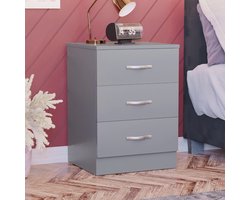 Grijs nachtkastje met 3 laden - Modern slaapkamermeubilair met metalen handgrepen