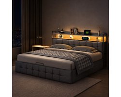 Grijs Opbergbed 140x190 cm met LED-verlichting, USB-poorten en Hydraulische Opbergruimte