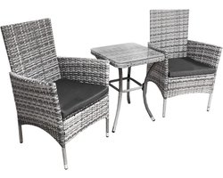 Grijs Rotan Bistro Set Tuinmeubelen 3 Stuks Patio Weave Companion Outdoor Stoelen Tafel Glas Top Set Serre Balkon 2-zits Grijze Kussens Wasbare Covers UV bescherming | GRATIS Regen Cover