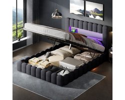 Grijs Stof Opbergbed 160x200 cm Tweepersoons met LED Hoofdbord, USB Oplaadpoort & Hydraulisch Lift – Gasdruk Bed
