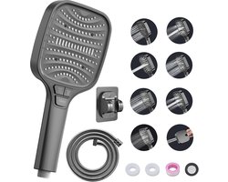 Grijze 8-traps handdouche met hogedruk en antikalk technologie - complete doucheset met slang en houder