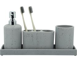 Grijze badkamer accessoires set 4 stuks - Tandenborstelhouder, zeepdispenser, make-up bak en beker - Badkamer organizer