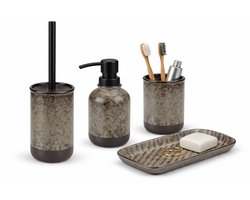 Grijze Badkamer Accessoires Set – Toiletborstel, Zeepdispenser, Tandenborstelhouder & Opbergtray – Steengoed – Luxe Moderne Badkamer Set – Industriële Look – Duurzaam Design – Badkameropberger 21 cm