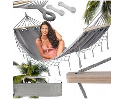 Grijze Boho Hangmat met Franjes - Comfortabel op brancard - 200x100cm