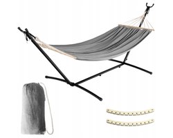Grijze Boho-tuinhangmat met metalen standaard en draagtas
