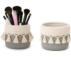 Grijze Borstelhouder Set van 2, Boho Decoratieve Opbergmand voor Cosmetica, Mini Make-up Organizer voor Make-upkwasten en Dressing Tafel