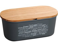 Grijze broodtrommel met bamboe snijplank deksel 18 x 34 x 14 cm - Keukenbenodigdheden - Broodtrommels/brooddozen/vershoudtrommels - Brood/kadetjes bewaren en vers houden
