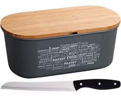 Grijze broodtrommel met bamboe snijplank deksel en zwart/zilver broodmes 18 x 34 x 14 cm - Brood bewaarbak met kartelmes - Snijplanken