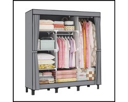 Grijze draagbare kast - Kledingkast slaapkamer - Stofdichte opbergkast - Canvas stof - Hangrail inbegrepen - Meerdere planken - Waterbestendig - Stevig metalen frame - Eenvoudig te monteren - Multifunctioneel gebruik