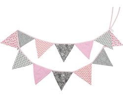 Grijze en Roze Vlaggenlijn van Stof, 3.3 m, Dubbelzijdige Slingers voor Kinderkamer, Verjaardagsfeest en Feestdecoratie met 12 Stuks Vlaggen