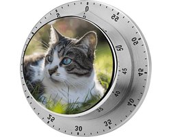 Grijze en witte kat keukentimer - Mechanische visuele timer, roestvrij staal digitale timers met magnetische basis eiertimers voor hardgekookte eieren 60 minuten aftellen keukenklok om te koken