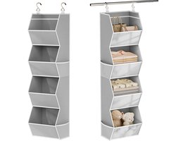Grijze hangende kledingkast‑ en deur‑organizer met 4 vakken, ruimtebesparend hangrek voor tassen, boeken, accessoires en diverse spullen