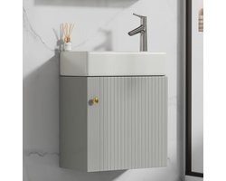 Grijze hangende wastafelkast 46 cm met keramische wastafel - compact badkamermeubel voor kleine badkamers en gastentoiletten