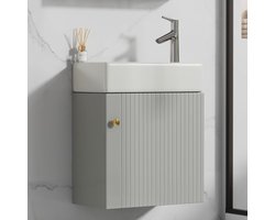 Grijze hangende wastafelkast 46 cm met keramische wastafel - compact badkamermeubel voor kleine badkamers en gastentoiletten