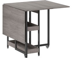 Grijze Inklapbare Eettafel 133,4 x 80 x 75 cm, Uitklapbare Eettafel voor 2-4 Personen met 2 Open Opbergvakken, Verrijdbare Basis met Remwielen, Ruimtebesparend Design voor Keuken en Eetkamer, Max. 50 kg