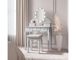 Grijze Kaptafel met Hollywood LED Spiegel en Kruk - Make-up Tafel met 5 Laden