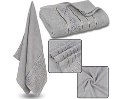 Grijze Katoenen Handdoek met Decoratief Borduurwerk, Grijs Borduurwerk 48x100 cm