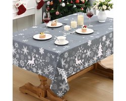 Grijze Kersttafelkleed met Sneeuwvlokken en Elken, Waterafstotend en Afwasbaar, 140 x 140 cm voor Feestelijke Winterdecoratie