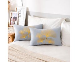 Grijze Kussenhoes 30 x 50 cm van Velvet met Gouden Ginkgo Biloba Bladeren - Set van 2