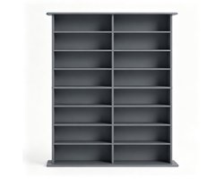 Grijze mediarek met 16 vakken en 12 verstelbare planken, cd-dvd toren voor 720 cd's of 396 dvd's, 106,5 × 24 × 126,3 cm