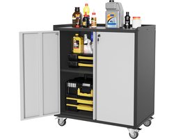Grijze metalen gereedschapskast op wieltjes met slot, deur en verstelbare planken voor garage, kantoor en thuis, 90 x 77 x 46 cm