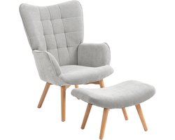 Grijze Oorfauteuil met Hocker 80 x 72 x 101 cm, Relaxstoel, Loungefauteuil, TV Stoel met Armleuningen, Cordlook Bekleding en Houten Poten, Comfortabele Leesstoel voor Woonkamer en Slaapkamer, Belastbaar tot 150 kg