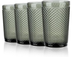 Grijze Reliëf Waterglazen - 350ml - Vintage Ruitpatroon - Vaatwasmachinebestendig - Set van 4