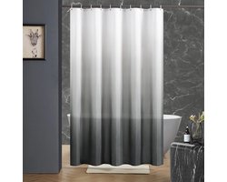 Grijze, schimmelwerende douchegordijn, machinewasbaar, gemaakt van waterdicht polyester, met haken, afmetingen 120 x 200 cm.