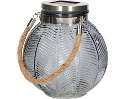 Grijze solar lantaarn van gestreept glas rond 16 cm - Tuinlantaarns - Solarverlichting - Tuinverlichting